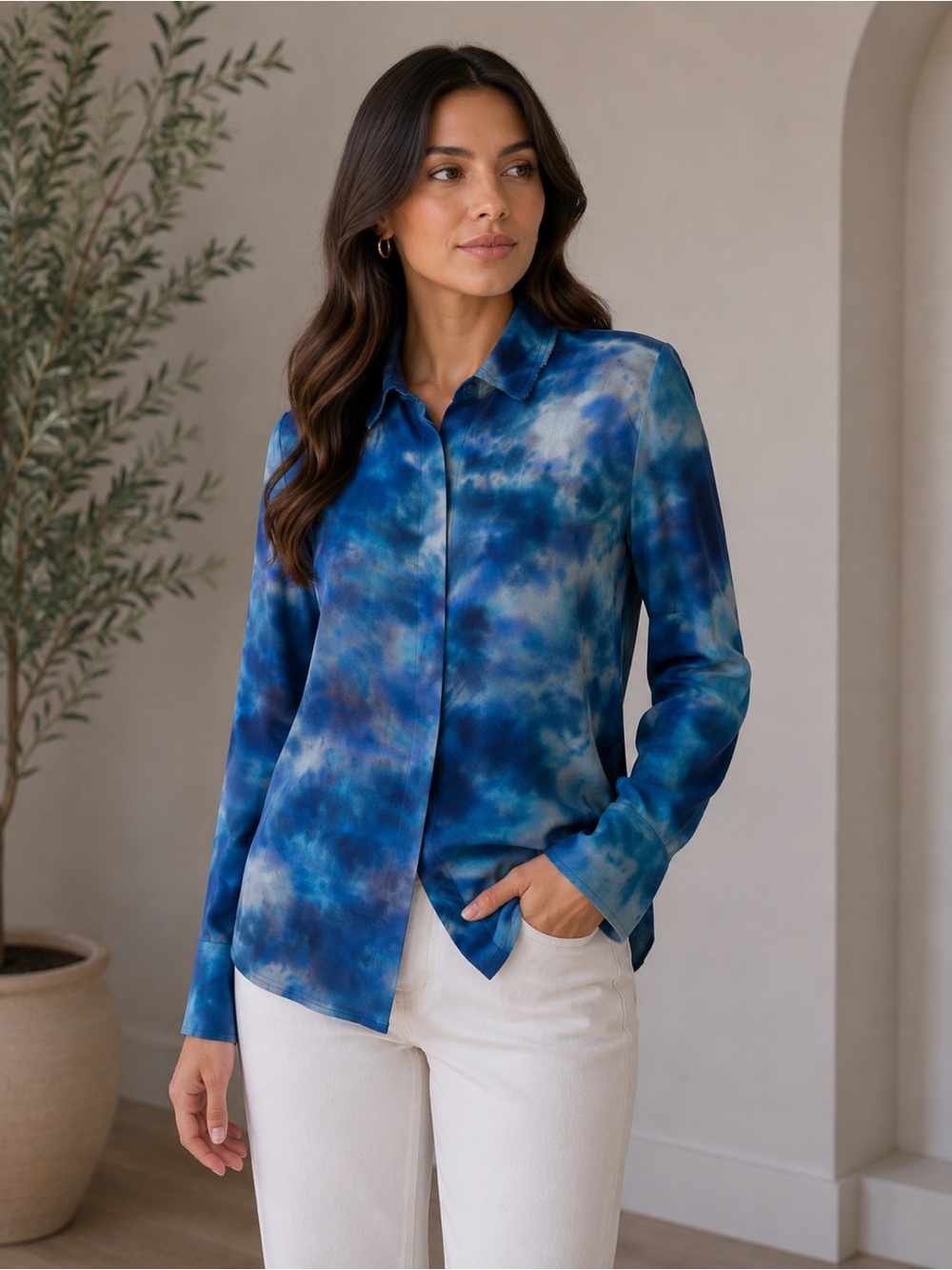 Zara Blue Tie-Dye Button-Down Long Sleeve Shirt